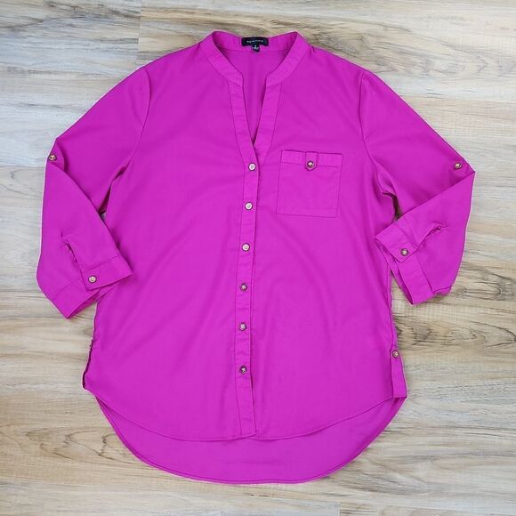 🍑Spense Fuchsia Buttoned Adjustable Roll Tab Sleeve Blouse Small - Picture 1 of 12